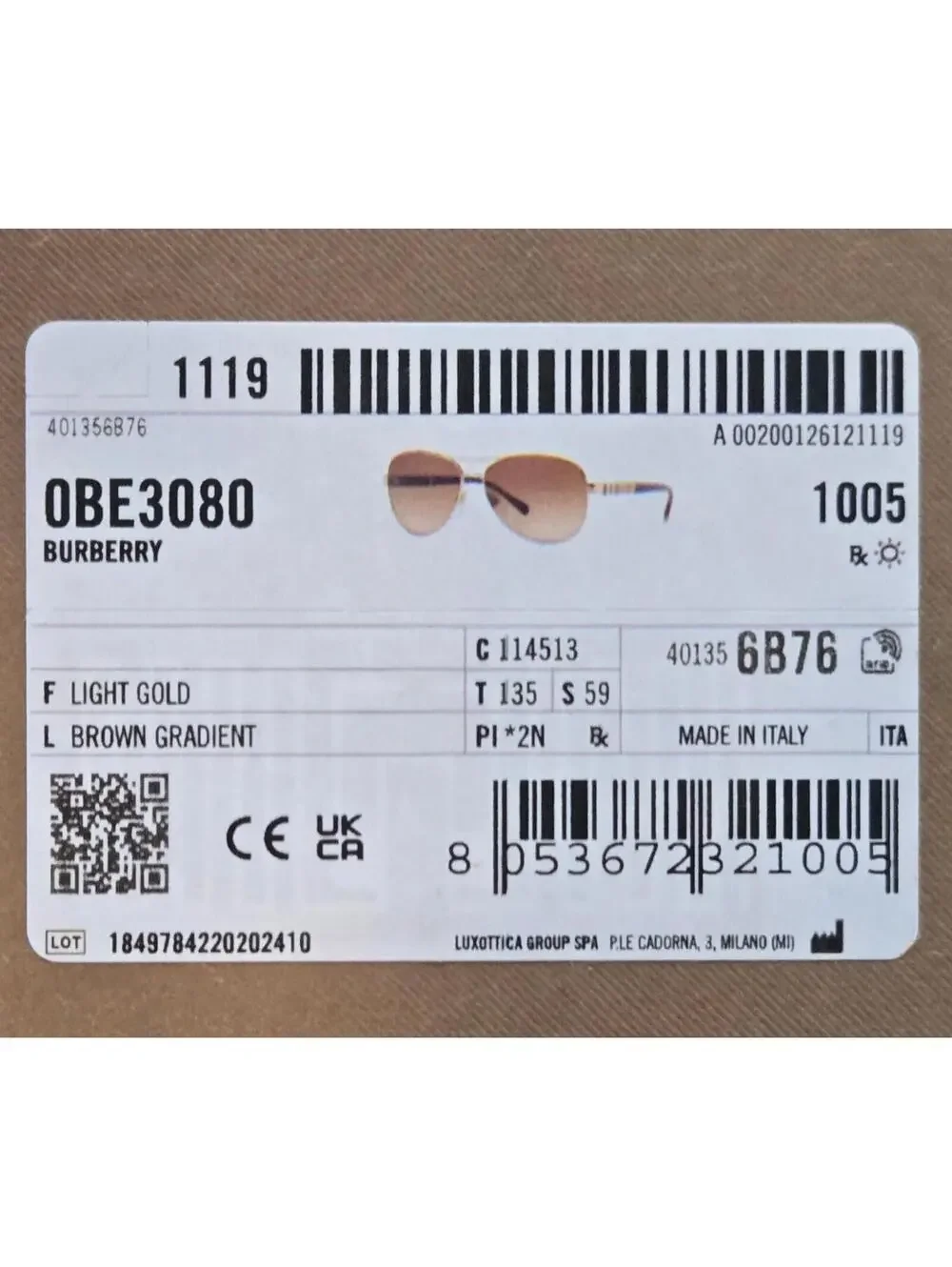Authentic Burberry Sunglasses 0BE3080 114513 Gold/Brown, Aviator ITALY